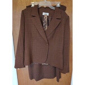Le Suit sz 16 2-pc brown one-button skirt suit with scarf, maxi skirt